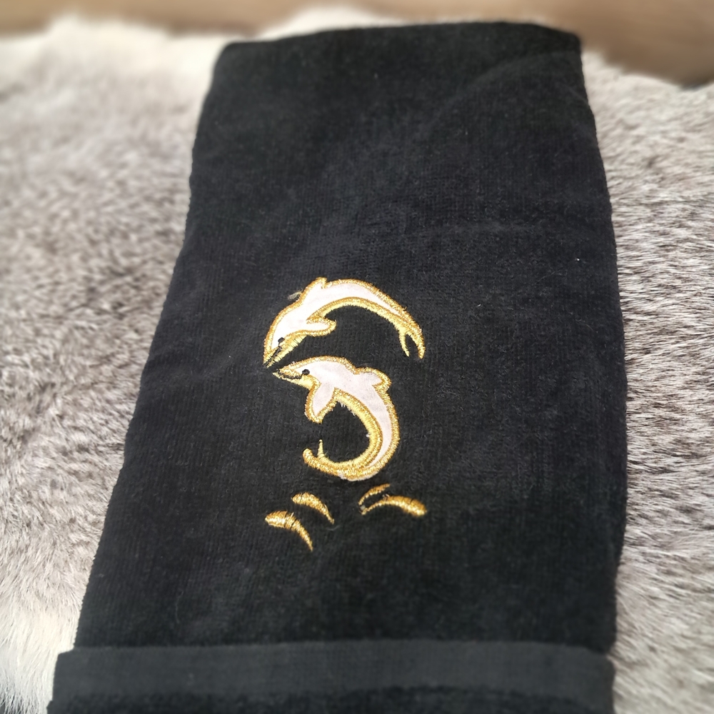 Black Hand Towel with Gold Dolphin Embroidery
